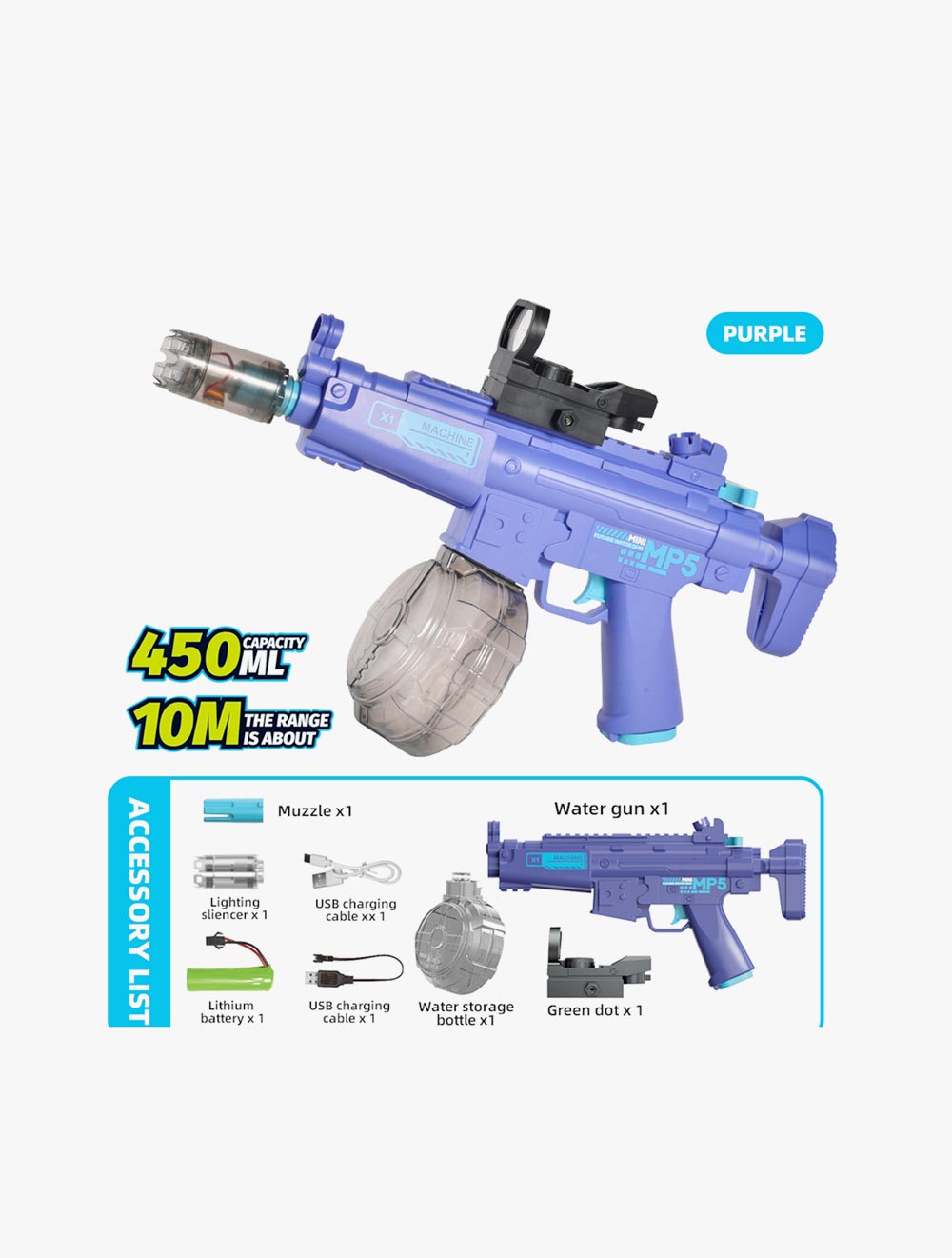 LA Toys Playtime Fun Mini MP5 Solid Color Model Electric Water Gun - PFNCPS316505