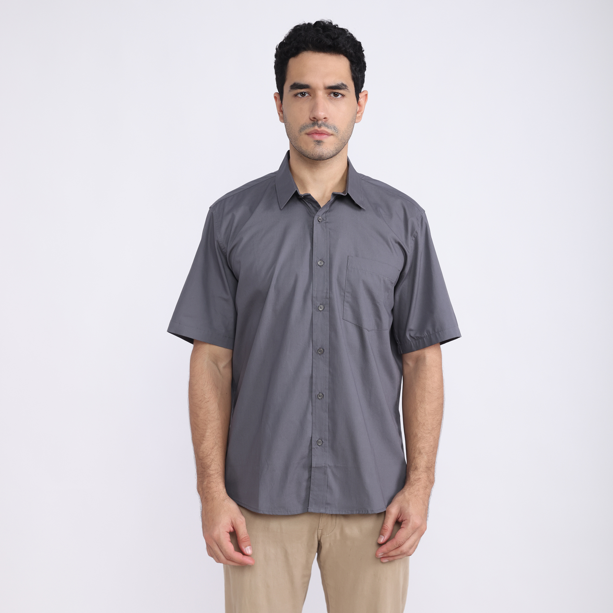 LARUSSO Kemeja Poplin Slim Fit Pria Lengan Pendek - Grey