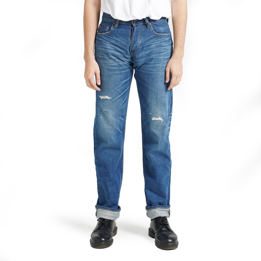 Lee Cooper Tapered Fit Jeans Selvedge Arthur Repaired Medium Blue