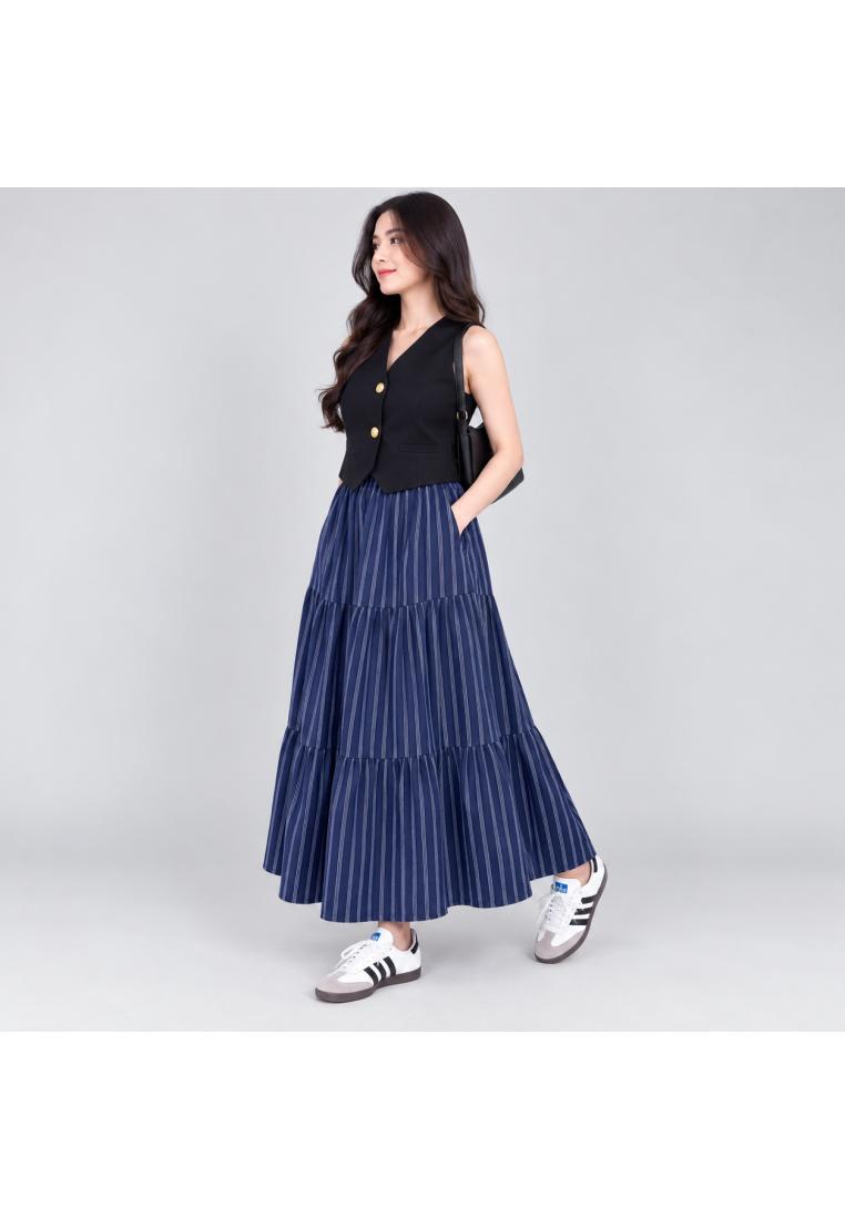 LEZAHRASIGNATURE Rok Panjang Wanita - Stripe Tiered Linen Skirt