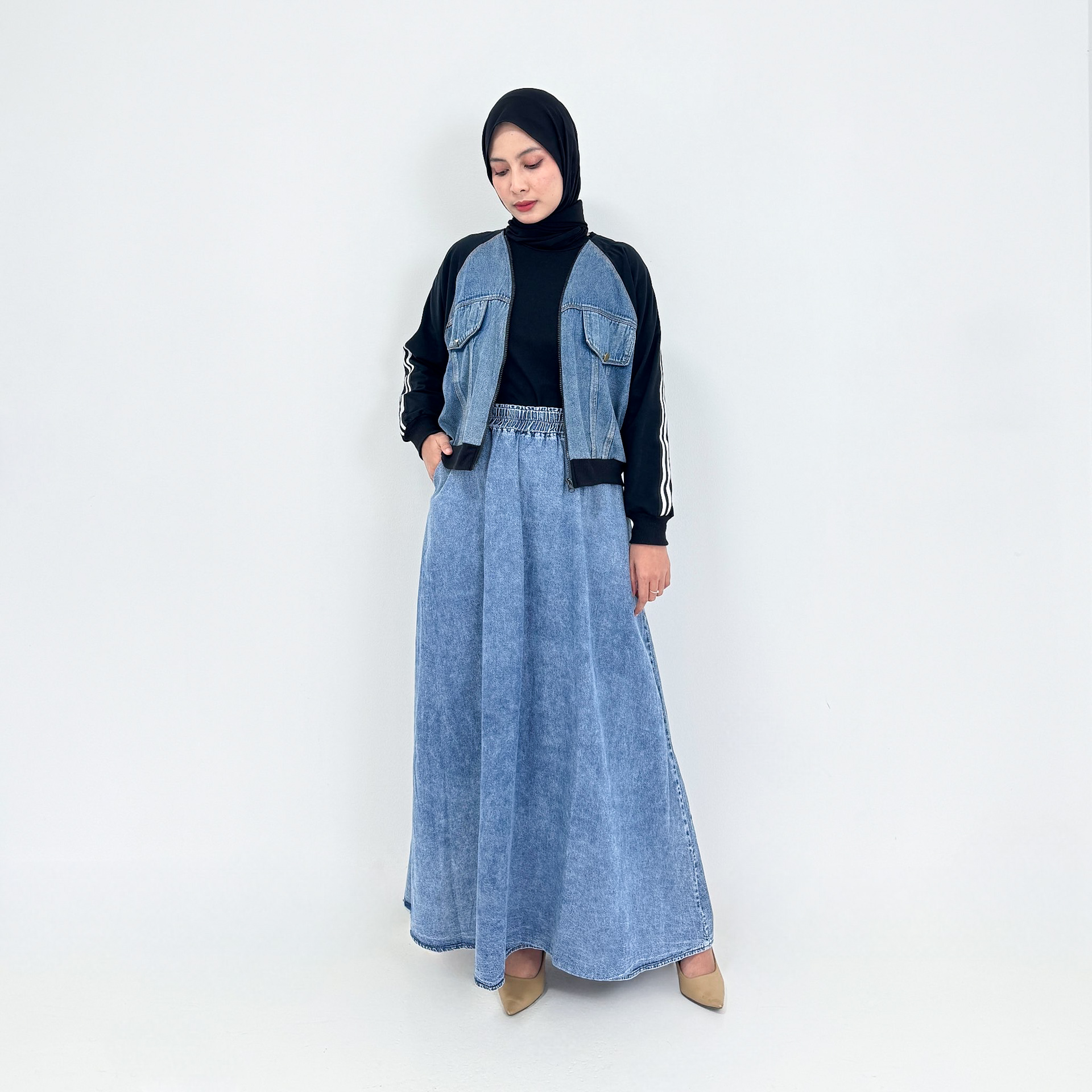 LEZAHRASIGNATURE Set Denim Silva SNOW BLUE Setelan Jaket Panjang Soft Jeans Wanita
