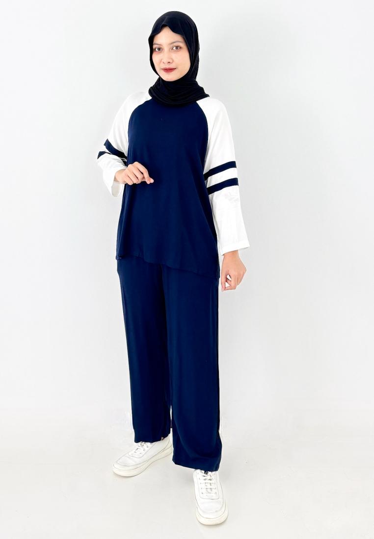 LEZAHRASIGNATURE Set Katun Helmi (Setelan Piyama lengan Panjang Wanita) Navy