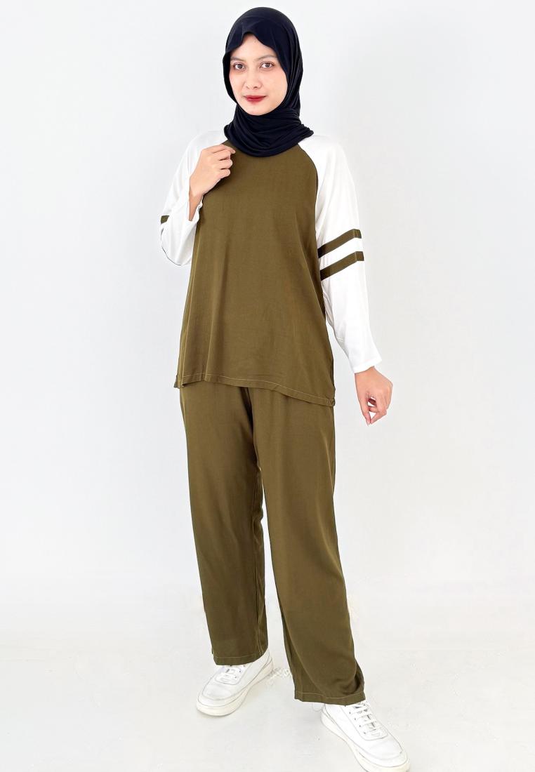 LEZAHRASIGNATURE Set Katun Helmi (Setelan Piyama lengan Panjang Wanita) Olive