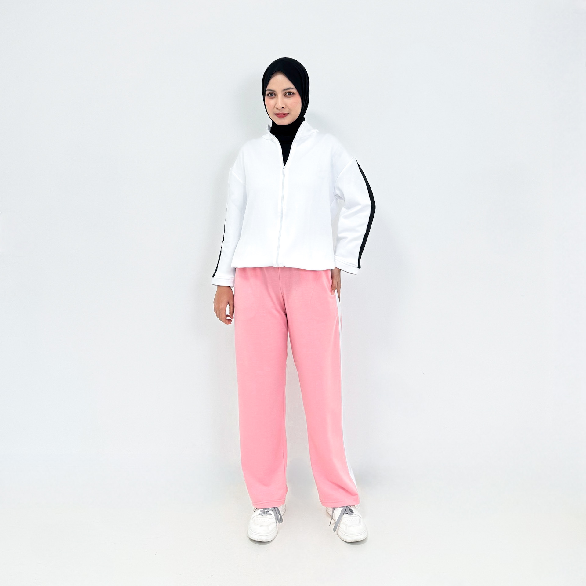 LEZAHRASIGNATURE Setelan Jaket Sporty PUTIH- PINK Onset Training Panjang Wanita