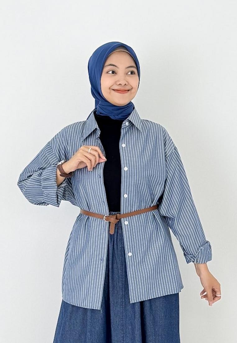 LEZAHRASIGNATURE Oversized Cotton Stripe Shirt (Kemeja Katun Wanita) LD 120 cm - Biru Denim