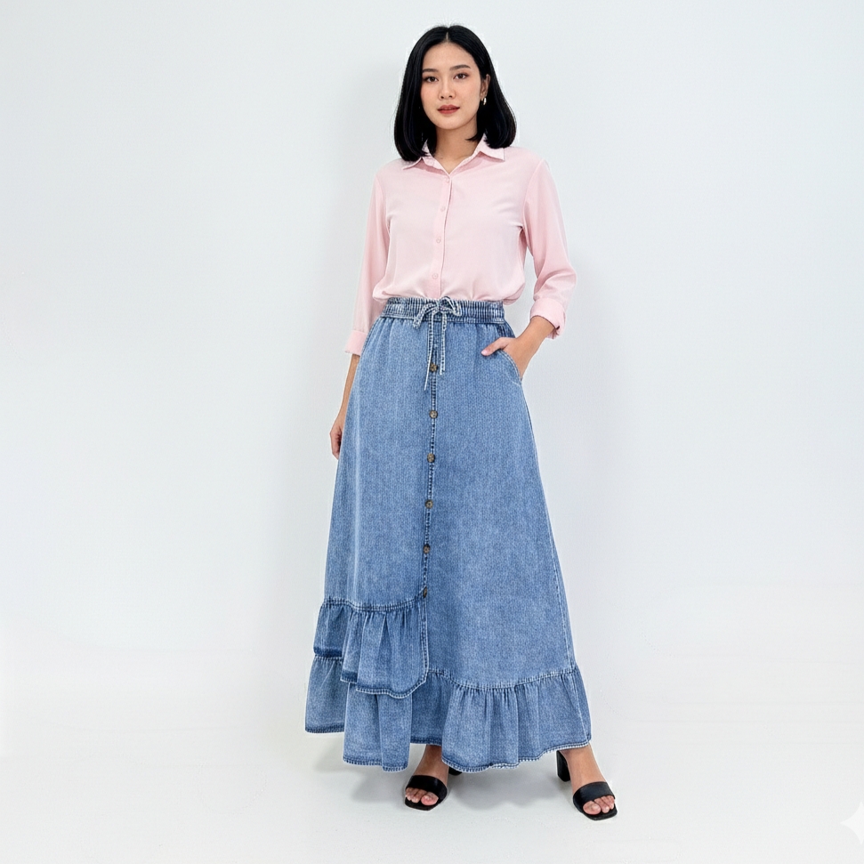 LEZAHRASIGNATURE Rok Panjang Jeans Wanita - Allie Denim Long Skirt