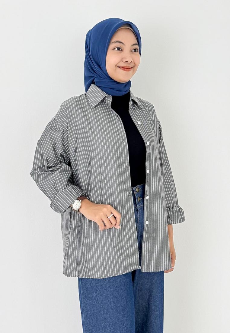 LEZAHRASIGNATURE Oversized Cotton Stripe Shirt (Kemeja Katun Wanita) LD 120 cm - Hitam
