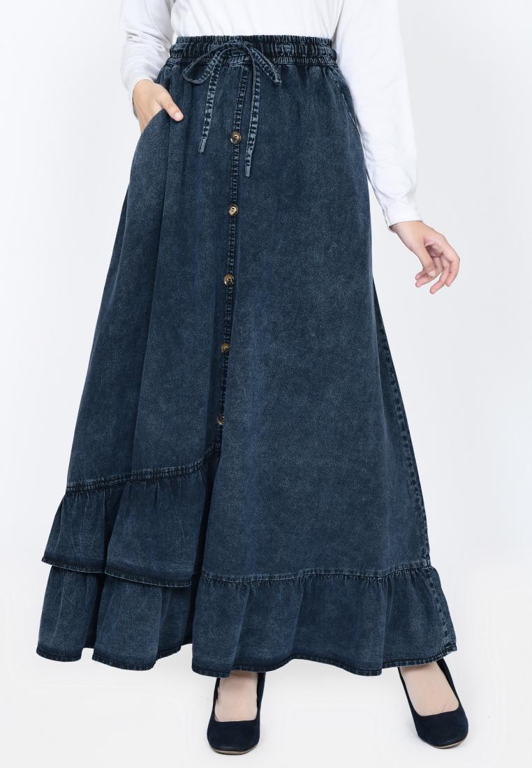 LEZAHRASIGNATURE Inara Denim Skirt (Rok Panjang Soft Jeans A-Line) Snow Black
