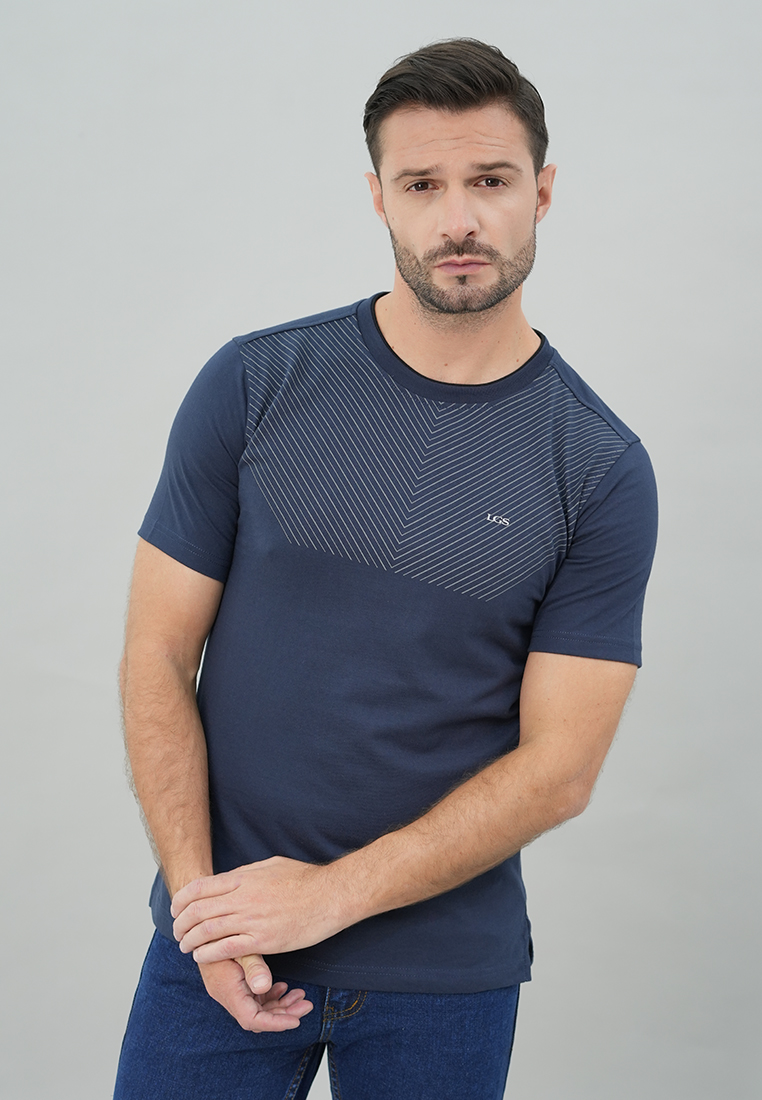 LGS - Kaos Casual Pria Warna Navy Motif Garis Halus Slim Fit - JTS.322.S3207F.01.C