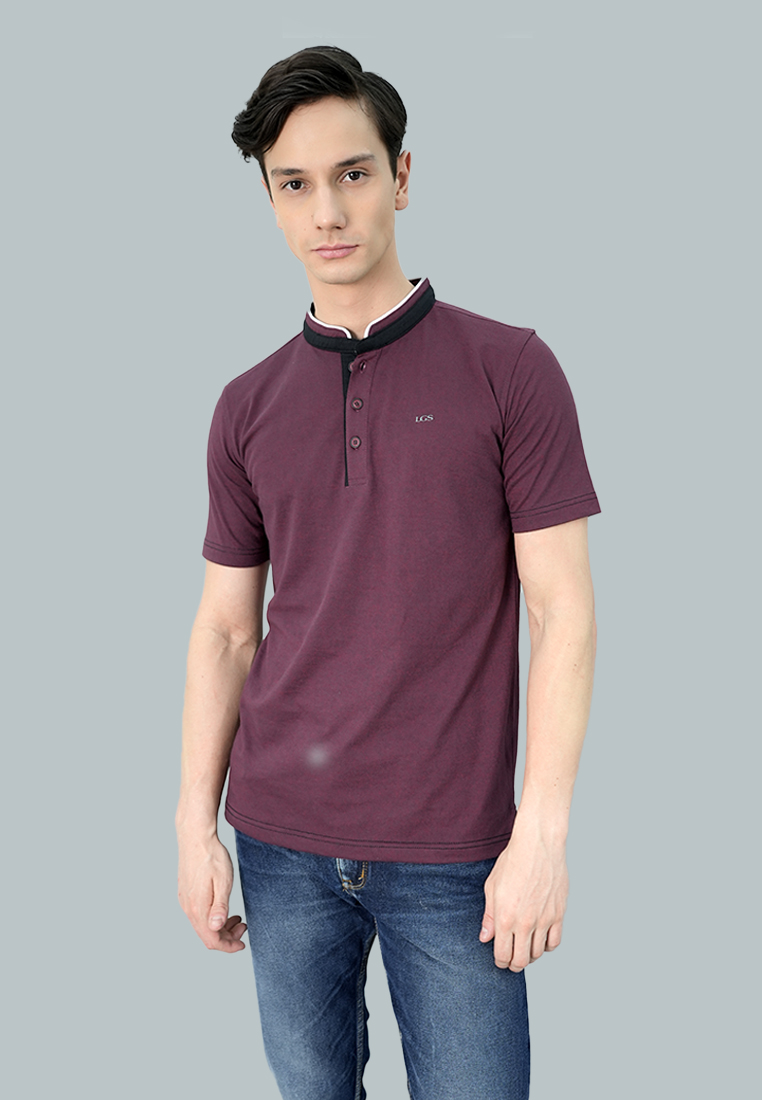 LGS - Kaos T Shirt Henley Casual Pria -  Kerah Sanghai Warna Maroon Slim Fit Motif Polos - JPS.321.C