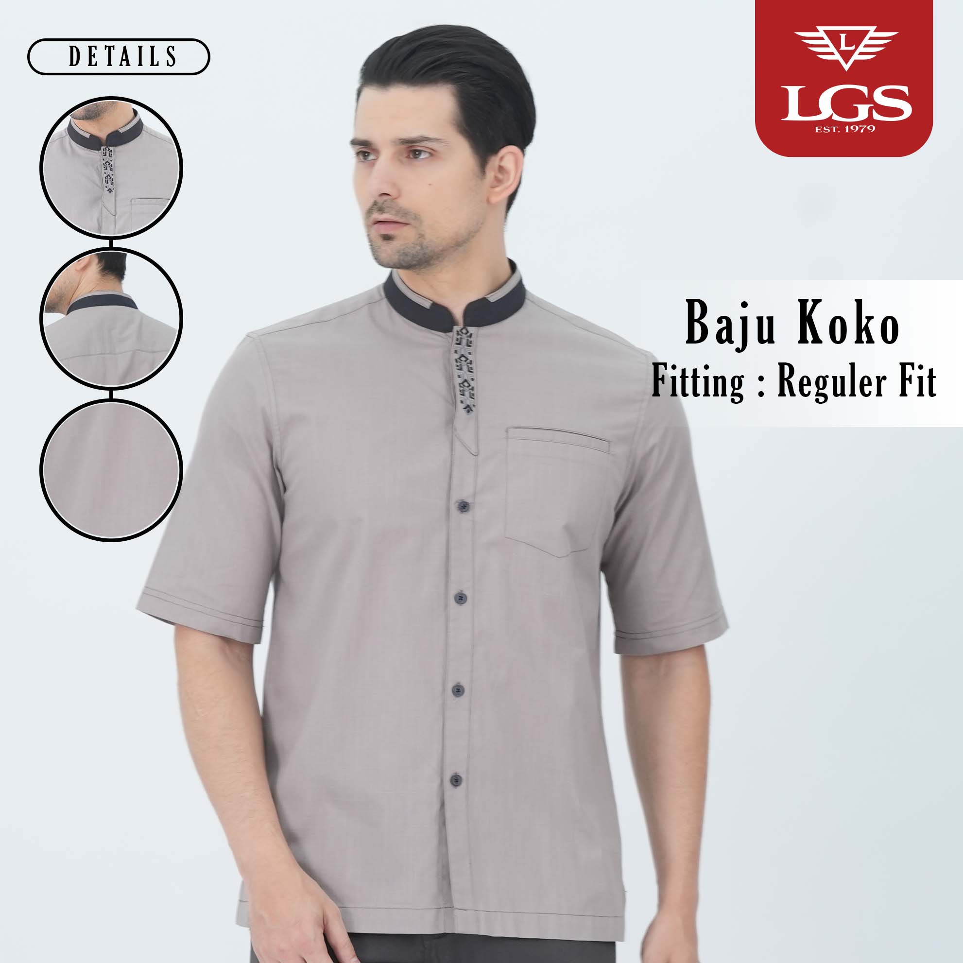 LGS - Baju Koko - Kerah Hitam - Single Pocket - Abu - CSH.285.S2038K.430.C