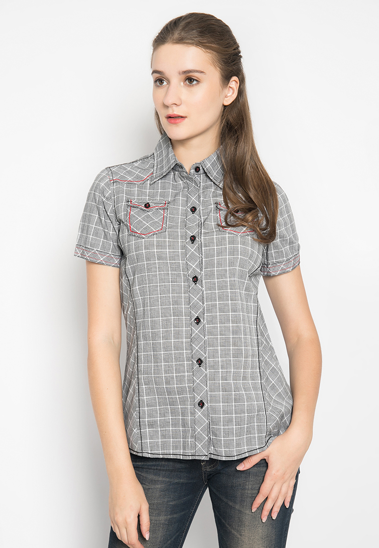 LGS - Kemeja Casual Wanita - Lengan Pendek - Kotak-Kotak - Abu-Abu - LSH.380.O1117.401.C