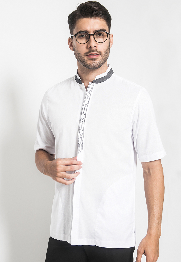 LGS - Baju Koko - Aksen Putih - Bordir - Putih - Slim Fit