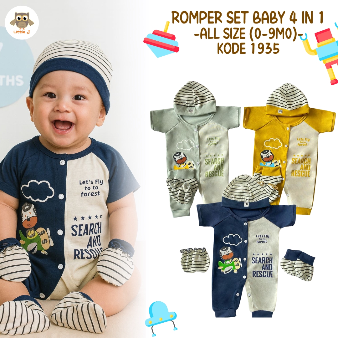 LITTLE J - ( KODE 1935 ) BEAR FLY 0-9BULAN ROMPER BABY 4 IN 1 SLEEPSUITE JUMPER BODYSUITE GIFT SET -