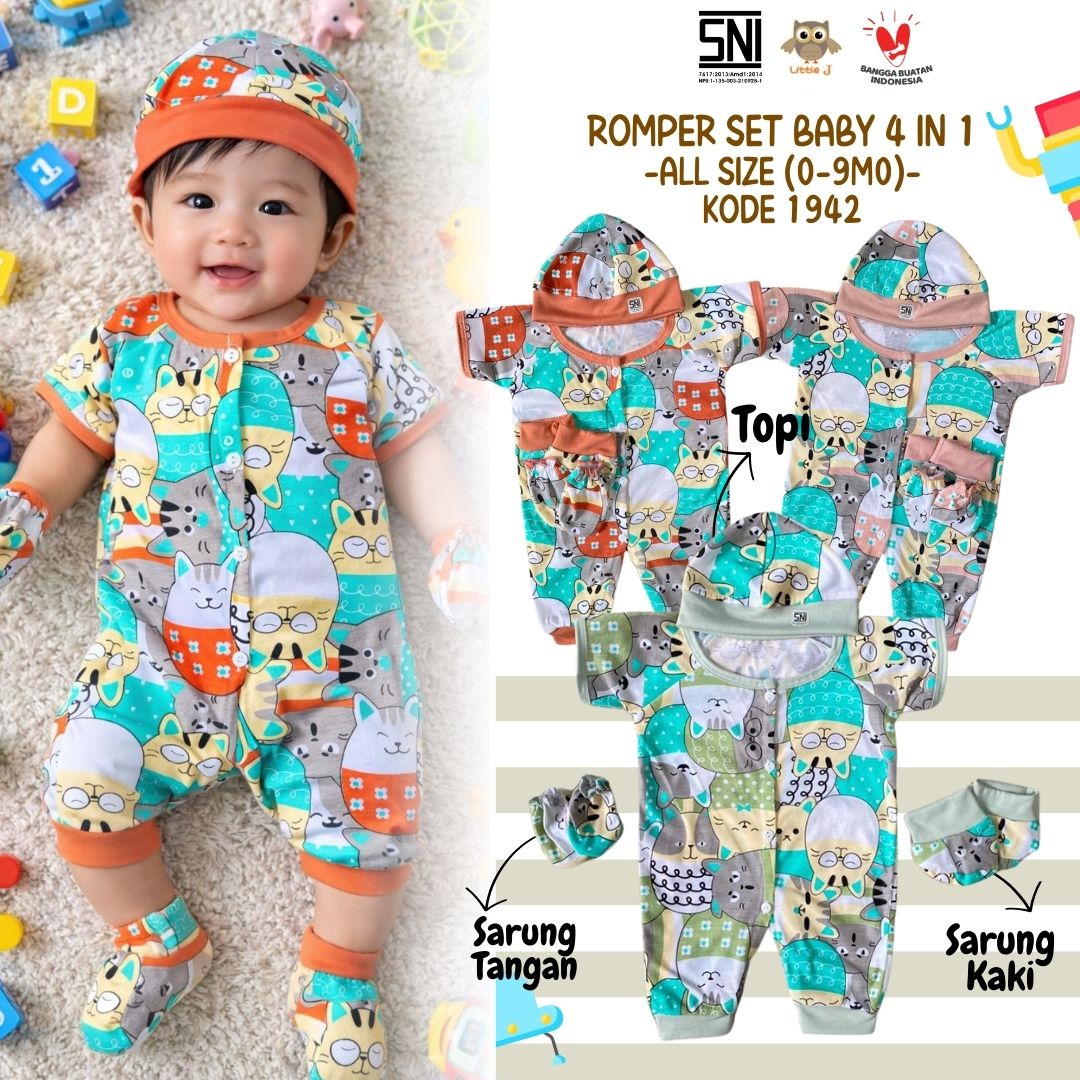 Little J - (1942) Romper Bayi Set Lengkap 4 in 1 | Baju Bayi Lengan Pendek + Topi + Sarung Tangan & 