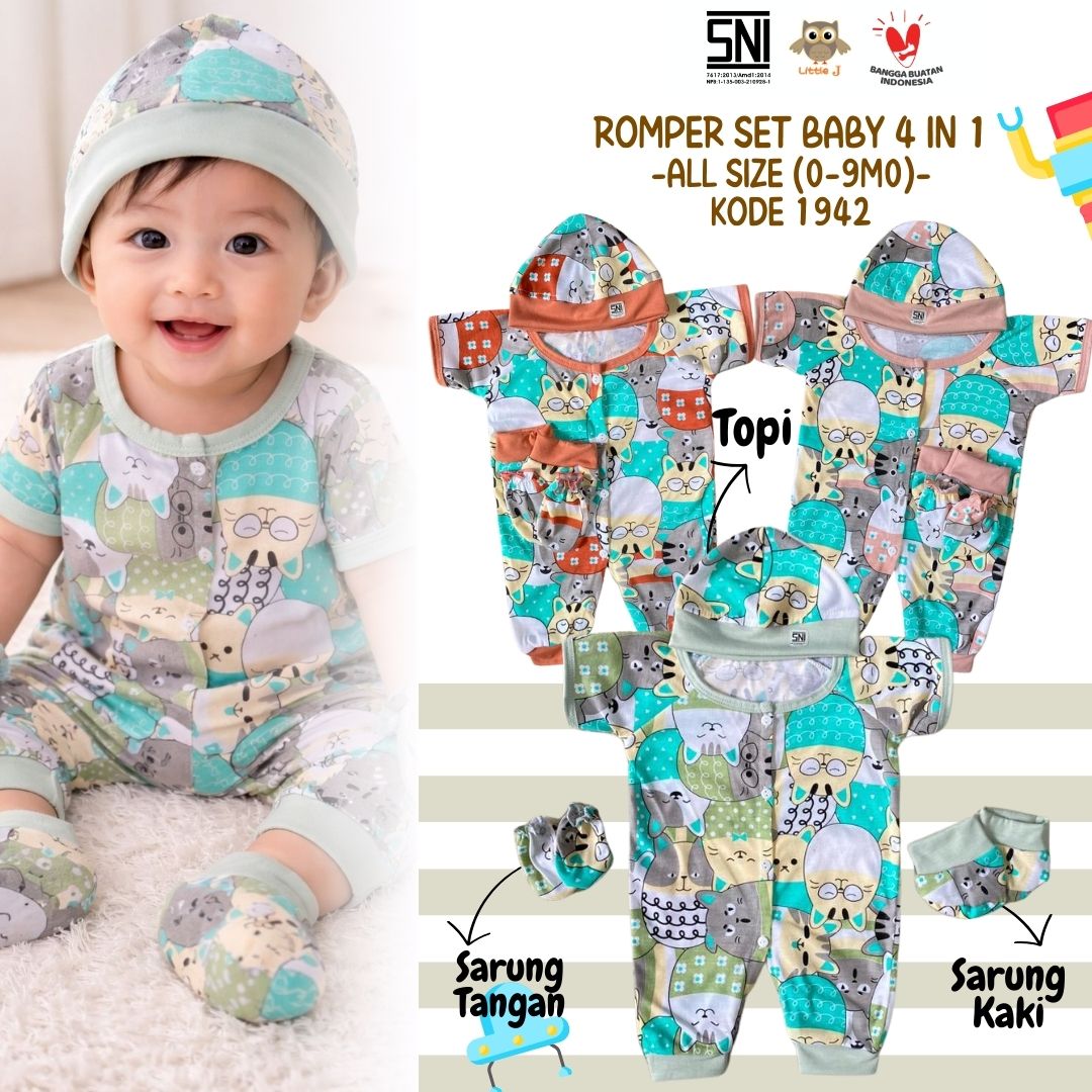 Little J - (1942) Romper Bayi Set Lengkap 4 in 1 | Baju Bayi Lengan Pendek + Topi + Sarung Tangan &