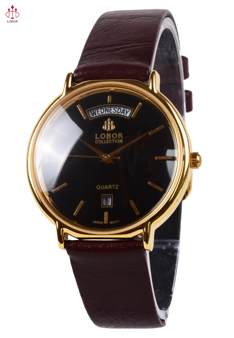 Lobor Dress Watch - Jam Tangan Analog Pria - Gold Case Black Dial Brown Leather Strap - D2703-2M