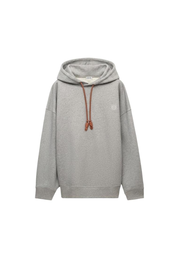 LOEWE Relaxed Fit Hoodie in Cotton and Flamenco Inspired Leather Grey Melange