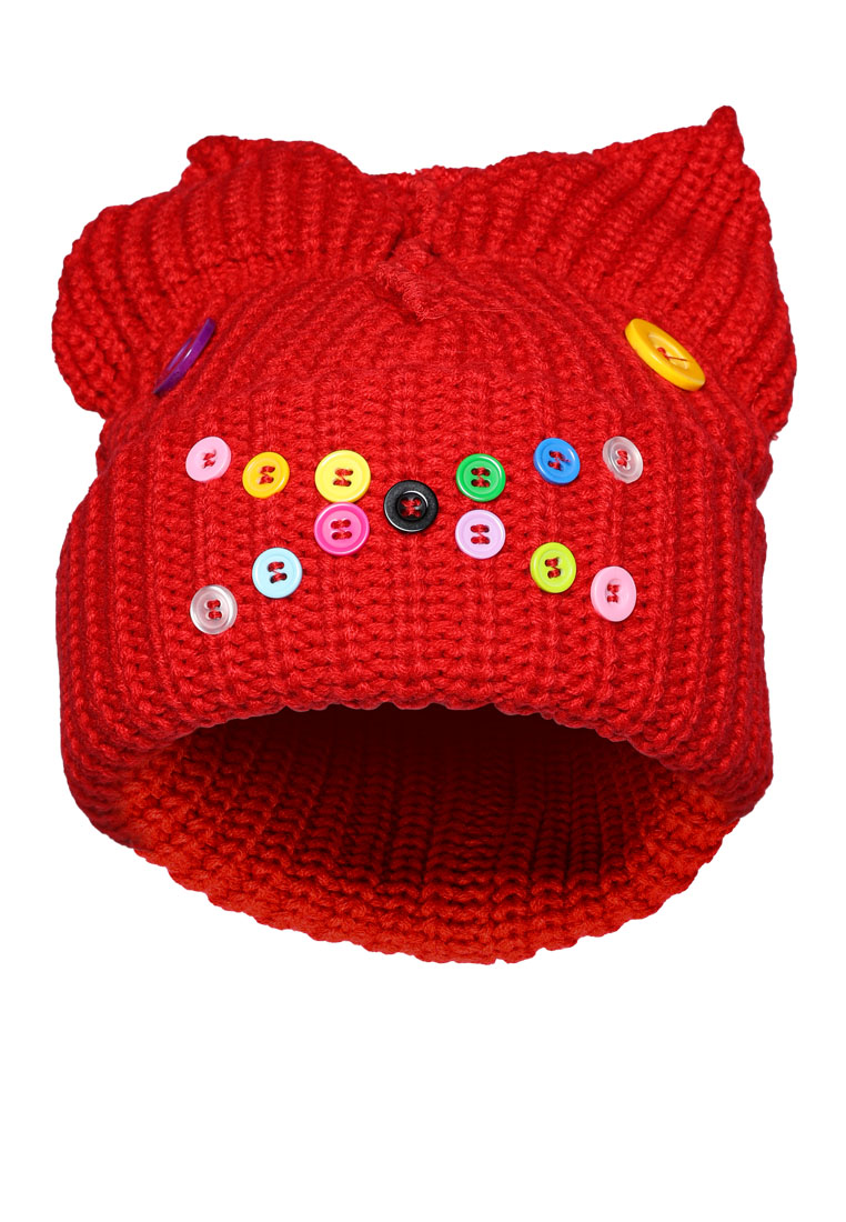 London Rag Beanie Telinga Hewan Kancing Warna Merah