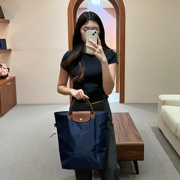 LONGCHAMP Tas LONGCHAMP LE PLIAGE NAVY BROWN HANDLE SHOPPER BAG 100% ORIGINAL