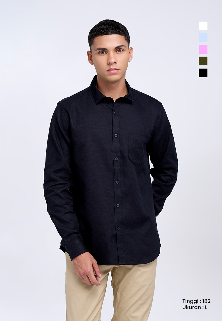 MANZONE - Kemeja Dobby Lengan Panjang Pria Ami 3 Slim Fit - Black Warna Black