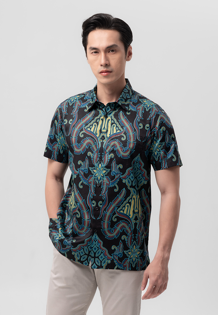 MANZONE - Kemeja Batik Lengan Pendek Ghautama Modern Fit -  Black