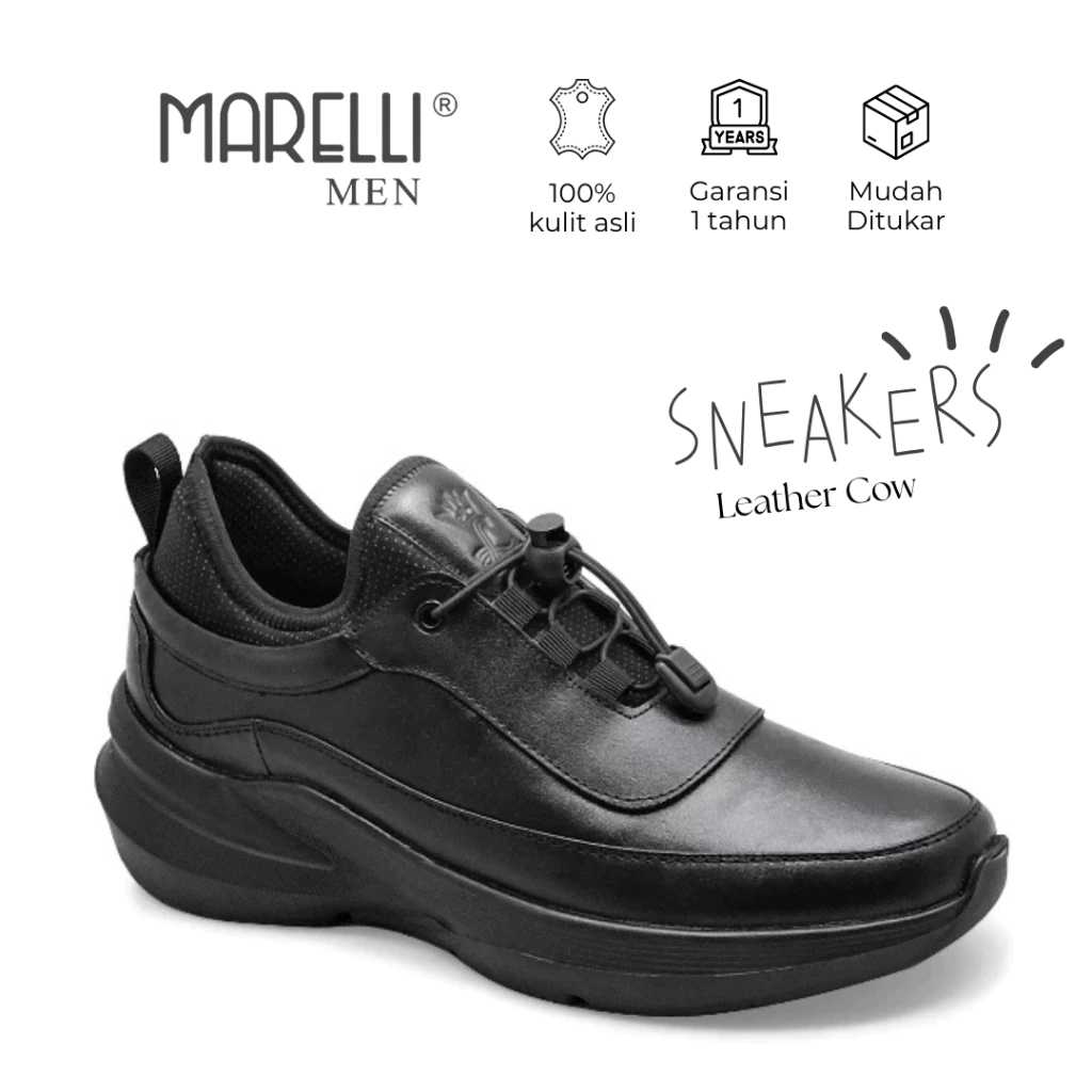 Marelli Milton Sepatu Sneakers Casual Pria  Tali Kulit Asli  Sol Ringan  Black