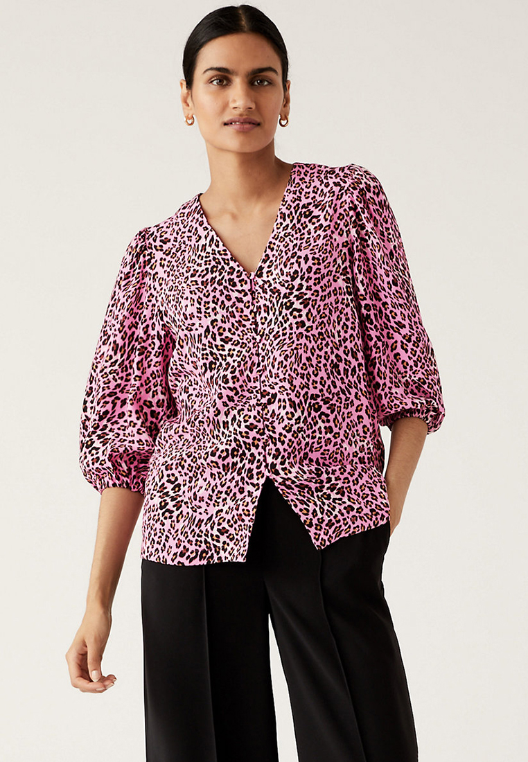 Marks & Spencer Animal Print V-Neck 3/4 Sleeve Blouse
