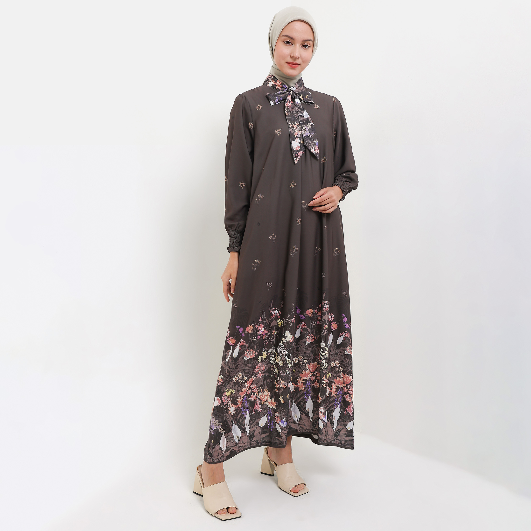 MFMW Alishbah Dress Gamis Dark Olive Satin Motif Bunga