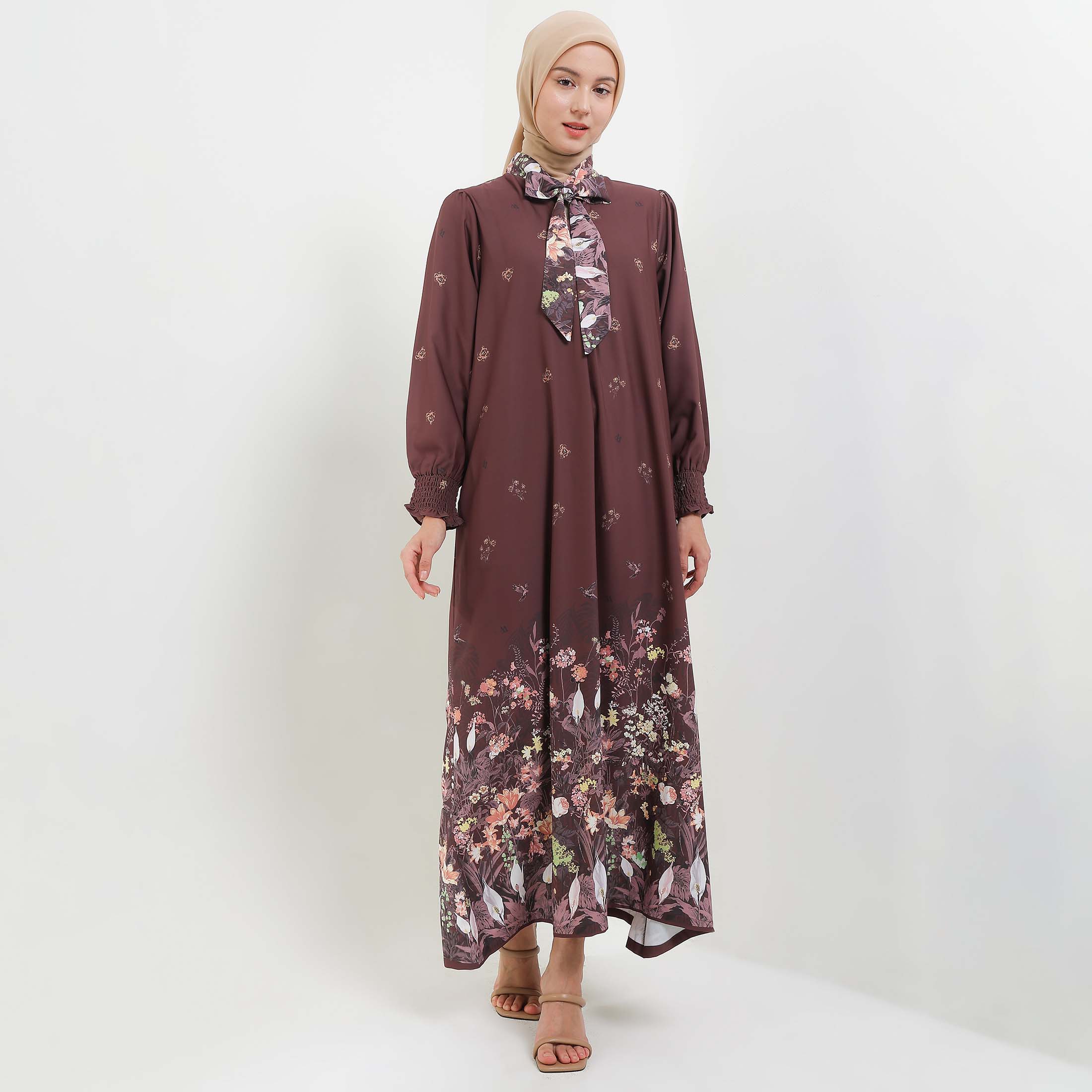 MFMW Alishbah Dress Gamis Cinnamon Satin Motif Bunga