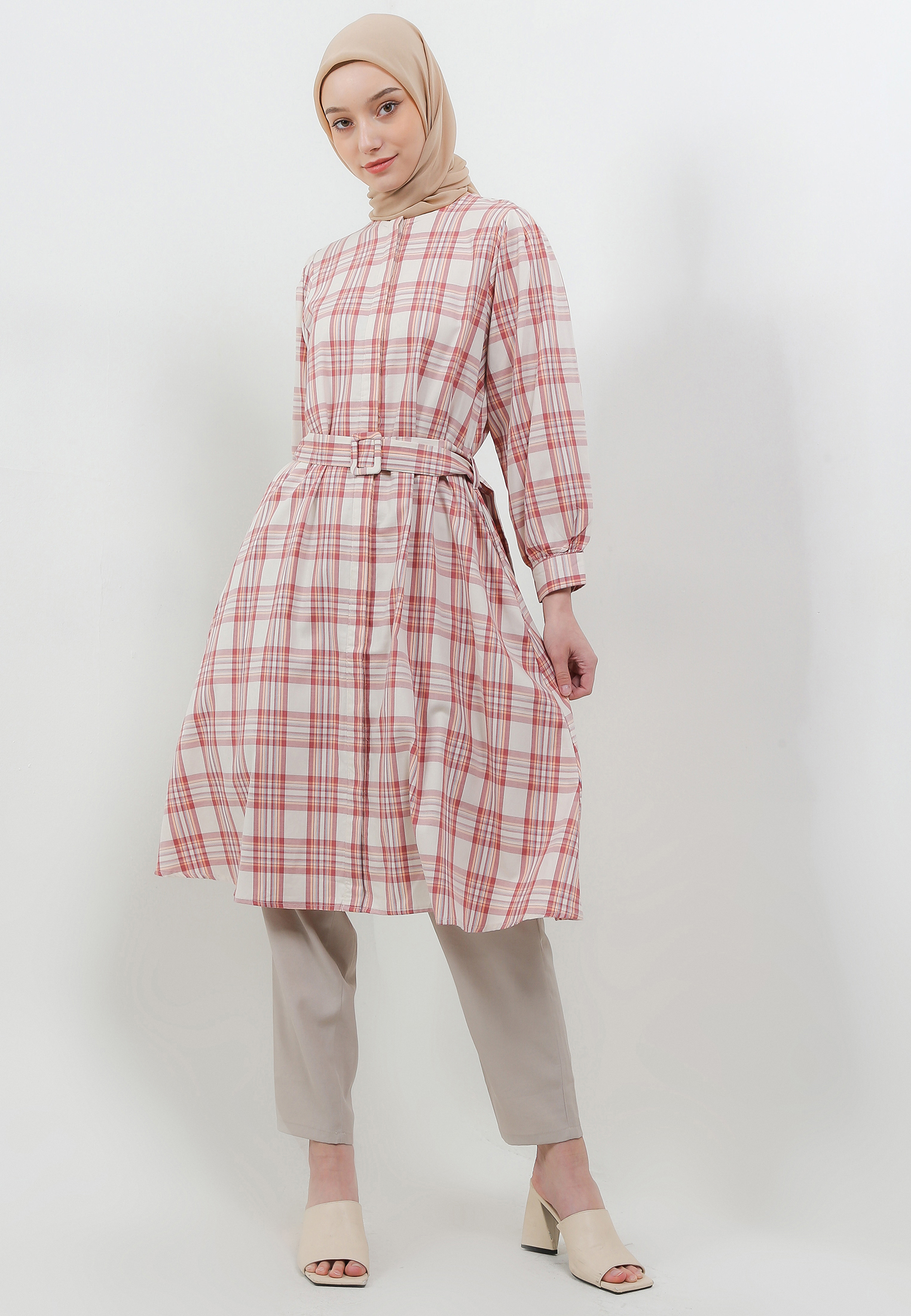 MFMW Qivaya Midi Dress Marsala Motif Kotak