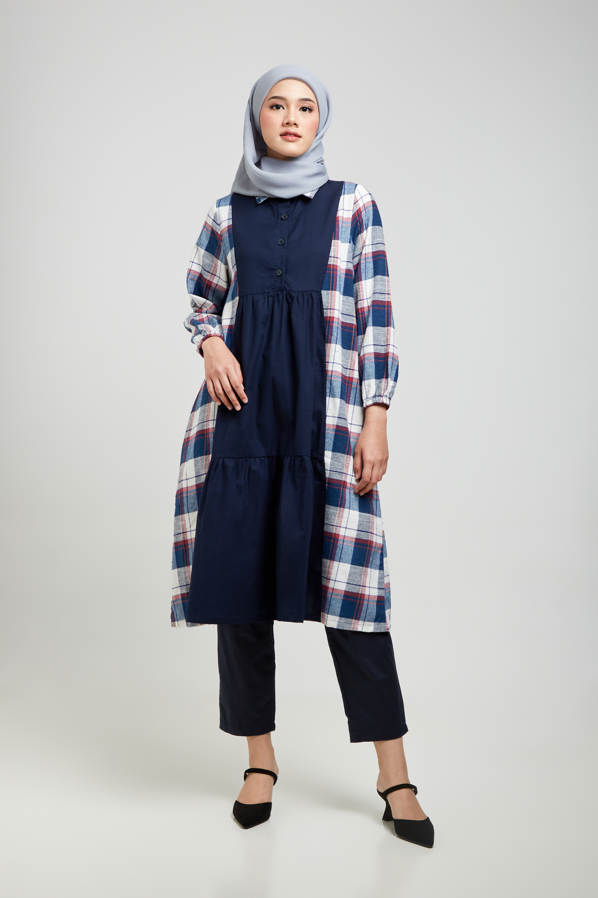 MFMW Seena Midi Dress Navy Motif Kotak