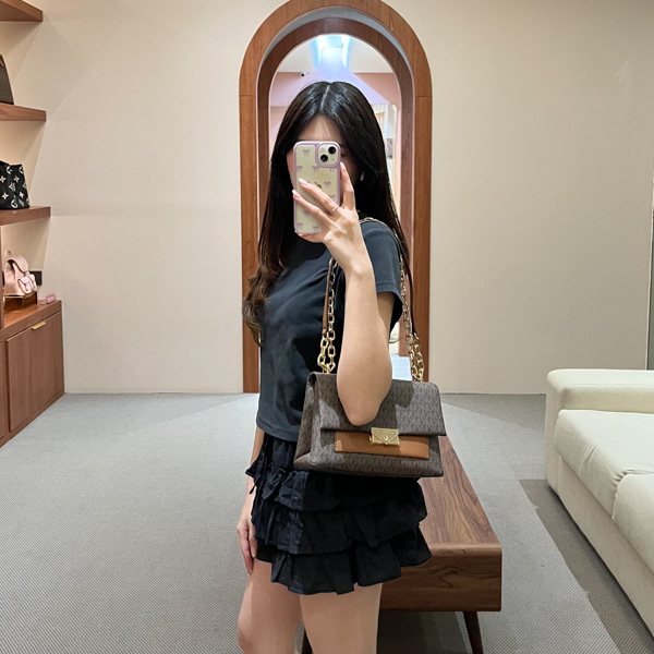 MICHAEL KORS Tas MICHAEL KORS MK CECE MONOGRAM BROWN GHW CHAIN FLAP SHOULDER BAG 100% ORIGINAL