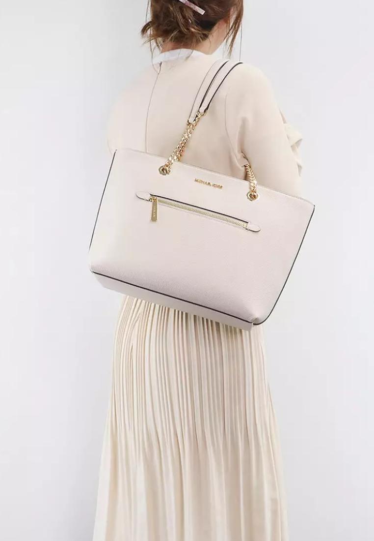 Michael Kors Jet Set Item Medium Front Zip Chain Tote Leather Light Cream