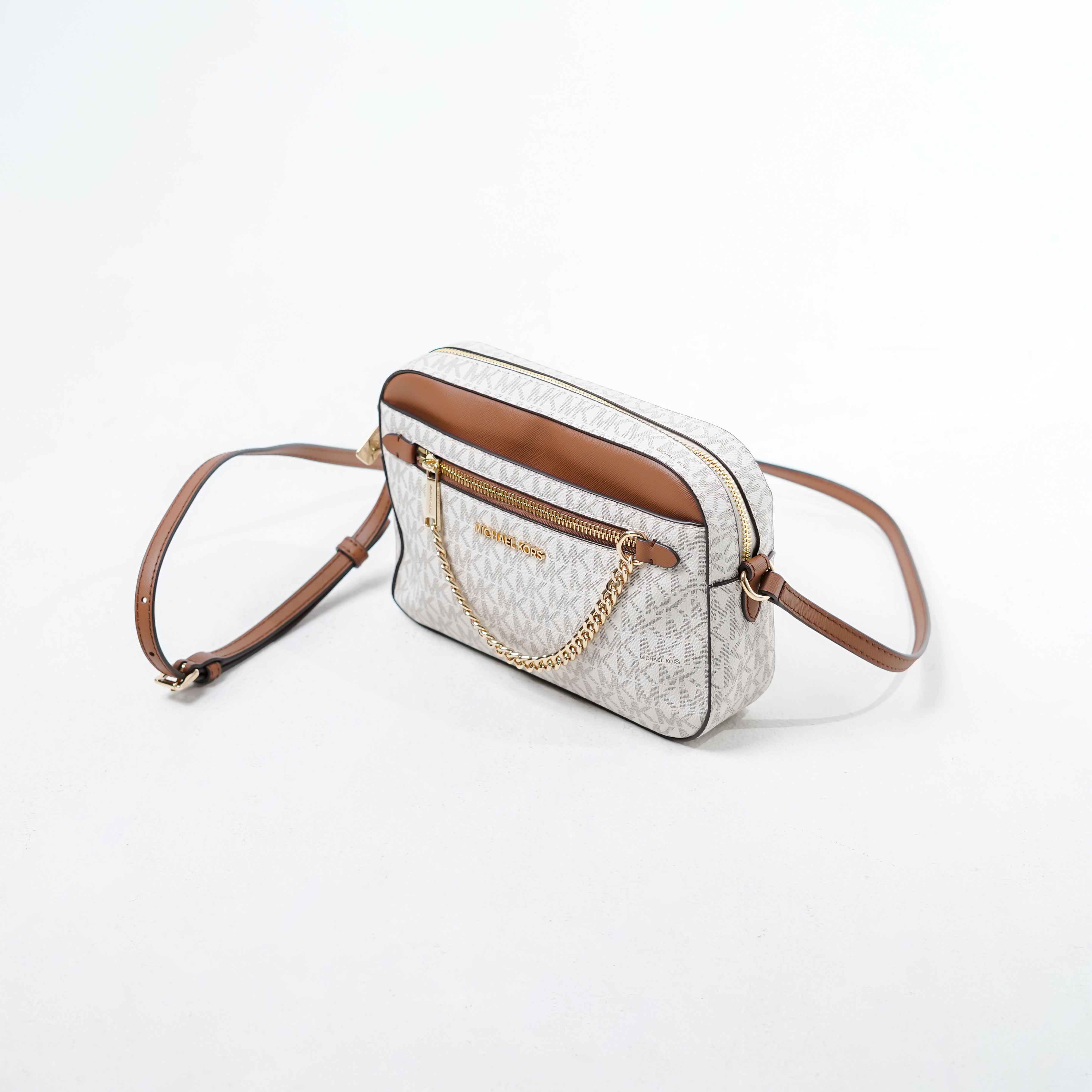 MICHAEL KORS Tas MICHAEL KORS MK MONOGRAM WHITE CAMEL CHAIN CAMERA BAG WITH LS 100% ORIGINAL