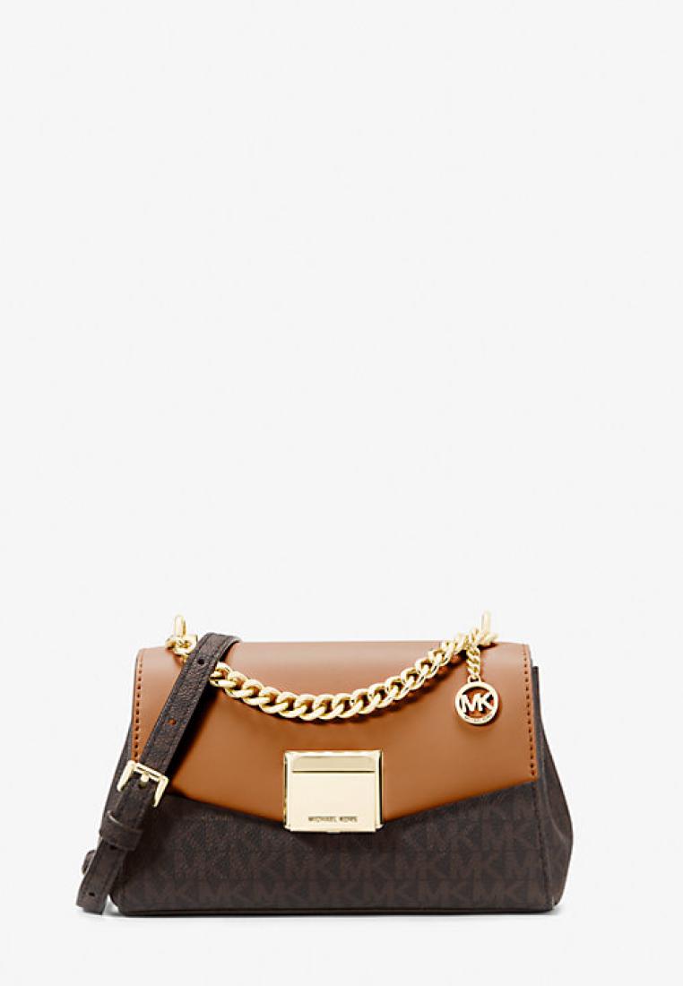 Michael Kors Lita Small Two-Tone Logo and Leather Crossbody Bag Brown
