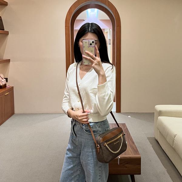 MICHAEL KORS Tas MICHAEL KORS MK MONOGRAM DARK BROWN CHAIN CAMERA BAG WITH LS 100% ORIGINAL