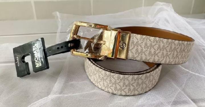 MICHAEL KORS 558388 MK Twist Reversible Belt Logo signature White Brown Uk L