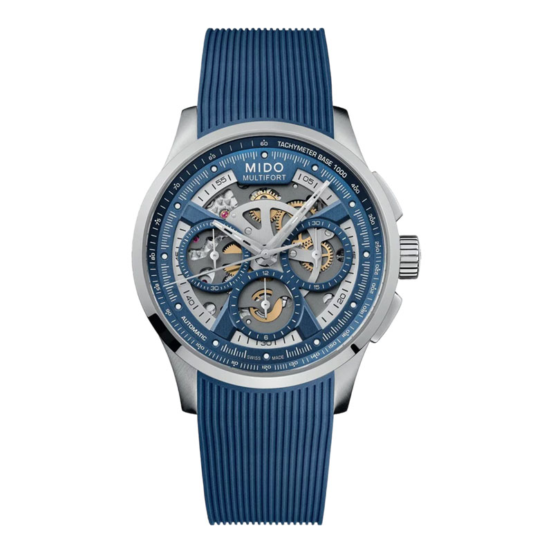Mido Jam Tangan Pria MIDO Multifort M038.662.17.040.00 Skeleton Chronograph Blue Rubber Strap