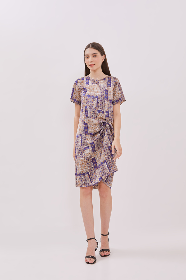 MINIMAL - Malika - Dress Serut Motif Tenun Bunga - Navy Warna Navy
