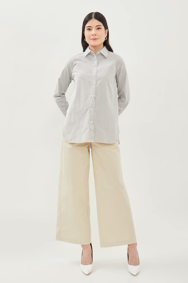 Minimal - Vanda - Kemeja Katun Lengan Panjang Garis - Khaky