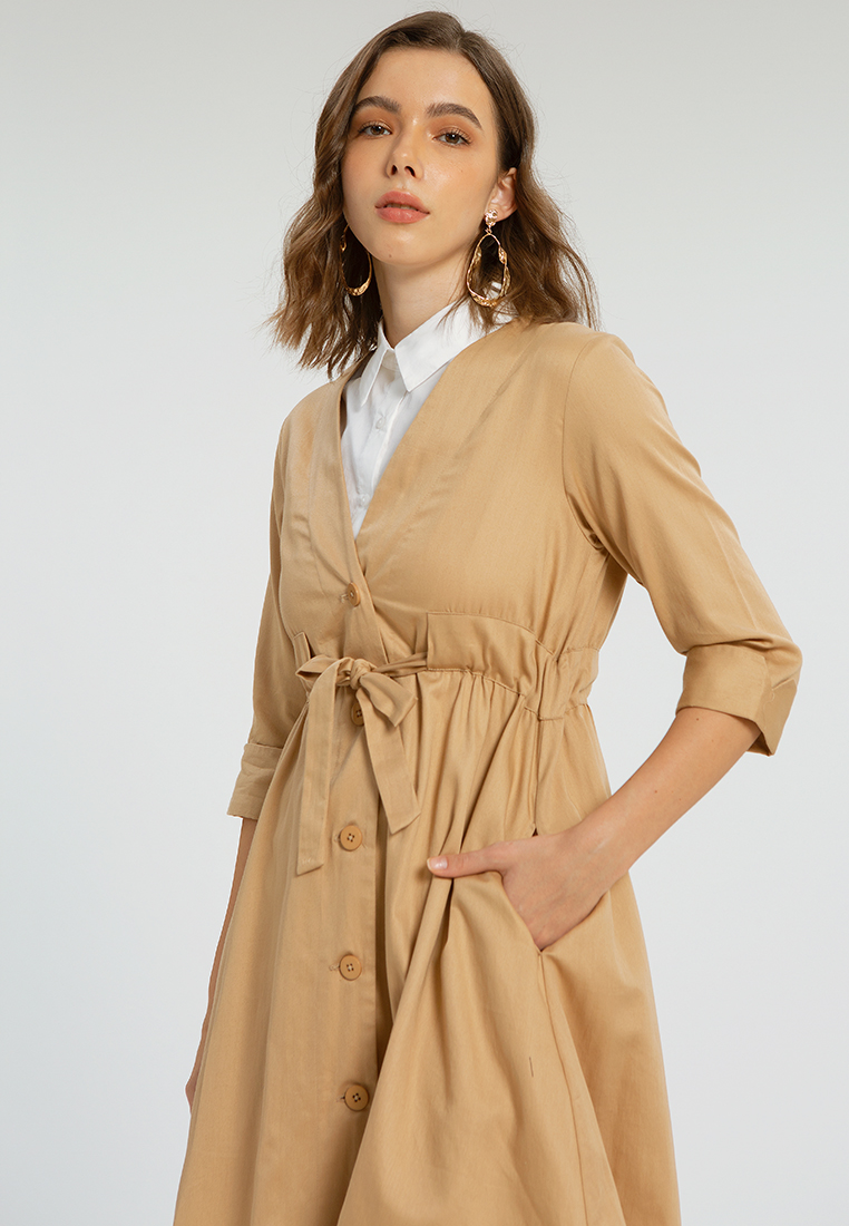 Minimal V-Neck Seat Dress R Camel/Pure White