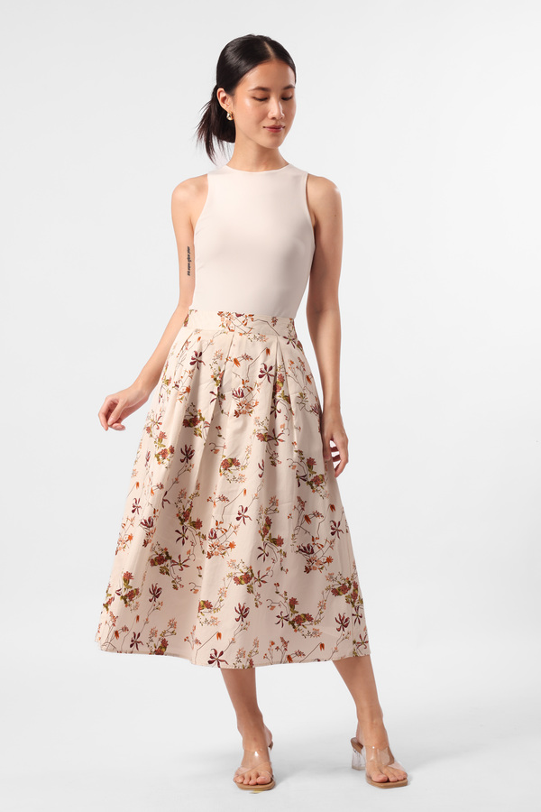 MINIMAL - Gaurine - Rok Lipit Motif Bunga - Beige Warna Beige