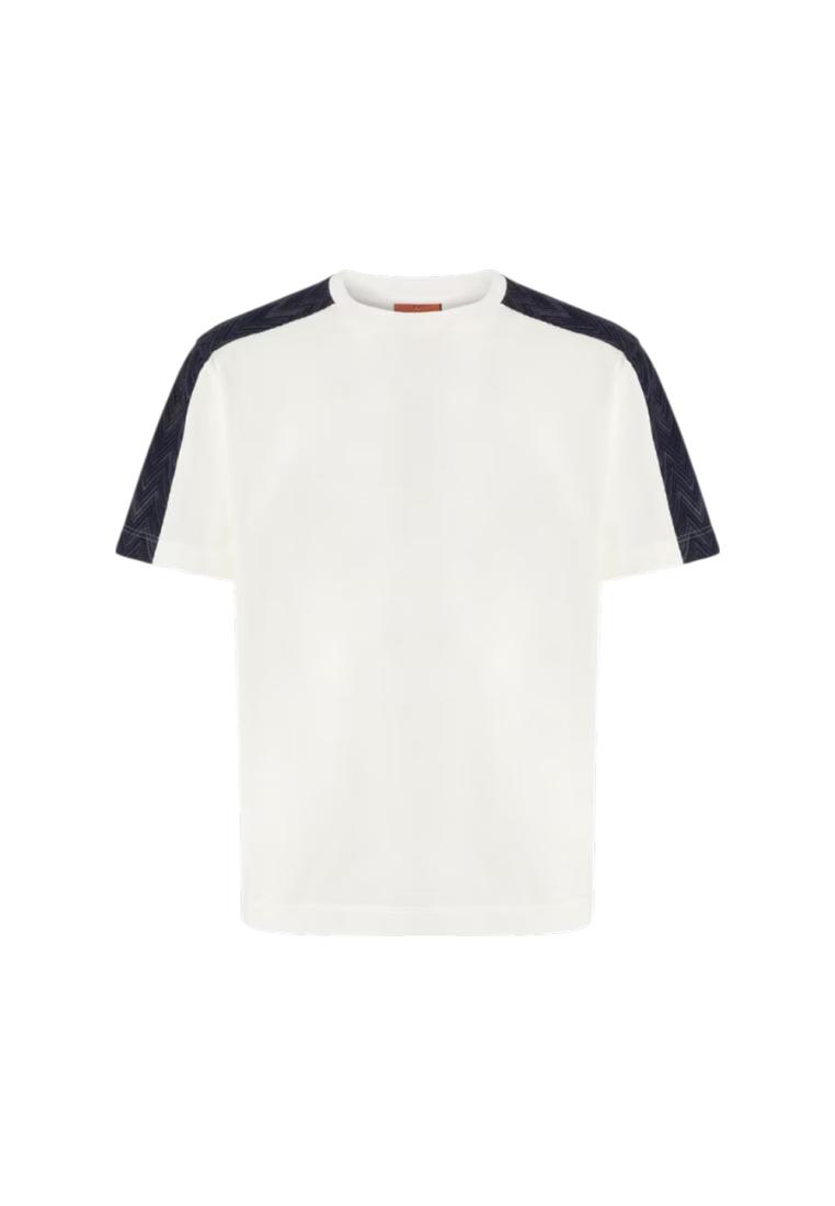 Missoni Crew Neck Cotton T-Shirt with Chevron Insert White Blue