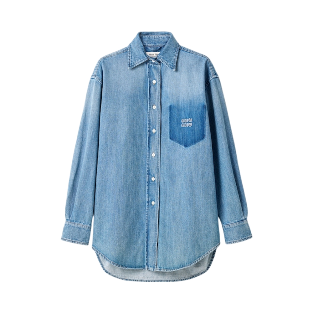 MIU MIU Embroidered Logo Denim Shirt Light Blue