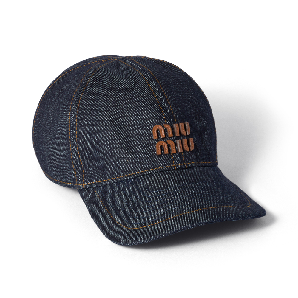 MIU MIU Denim Baseball Cap with Leather Logo Blue/Brandy