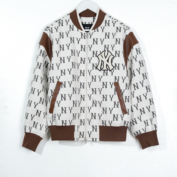 MLB Jaket MLB NY MONOGRAM BLACK WHITE PANEL BROWN ZIP BOMBER JACKET 100% ORIGINAL