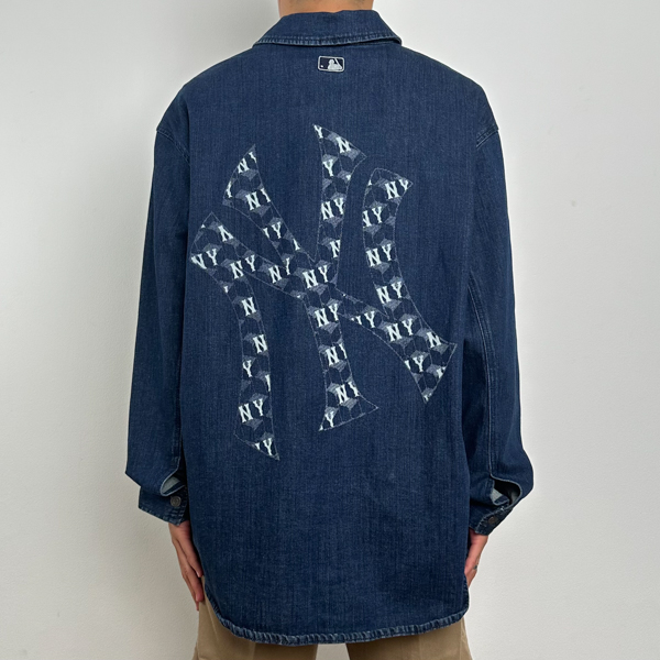 MLB Kemeja MLB NY MONOGRAM WHITE BACK BLUE DENIM LONG SHIRT 100% ORIGINAL