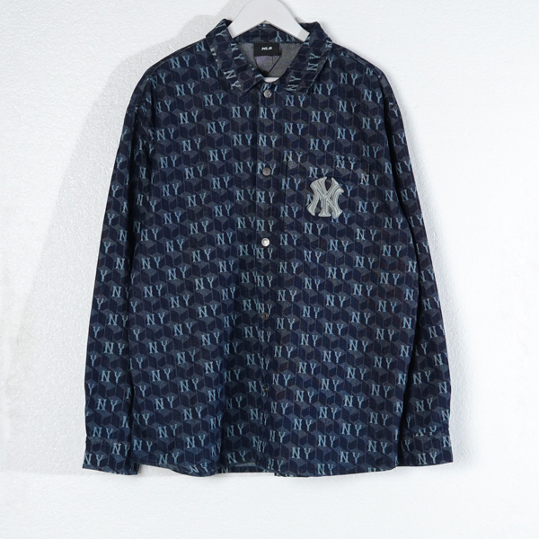MLB Kemeja MLB NY MONOGRAM STRIPE DENIM NAVY LONG SHIRT 100% ORIGINAL