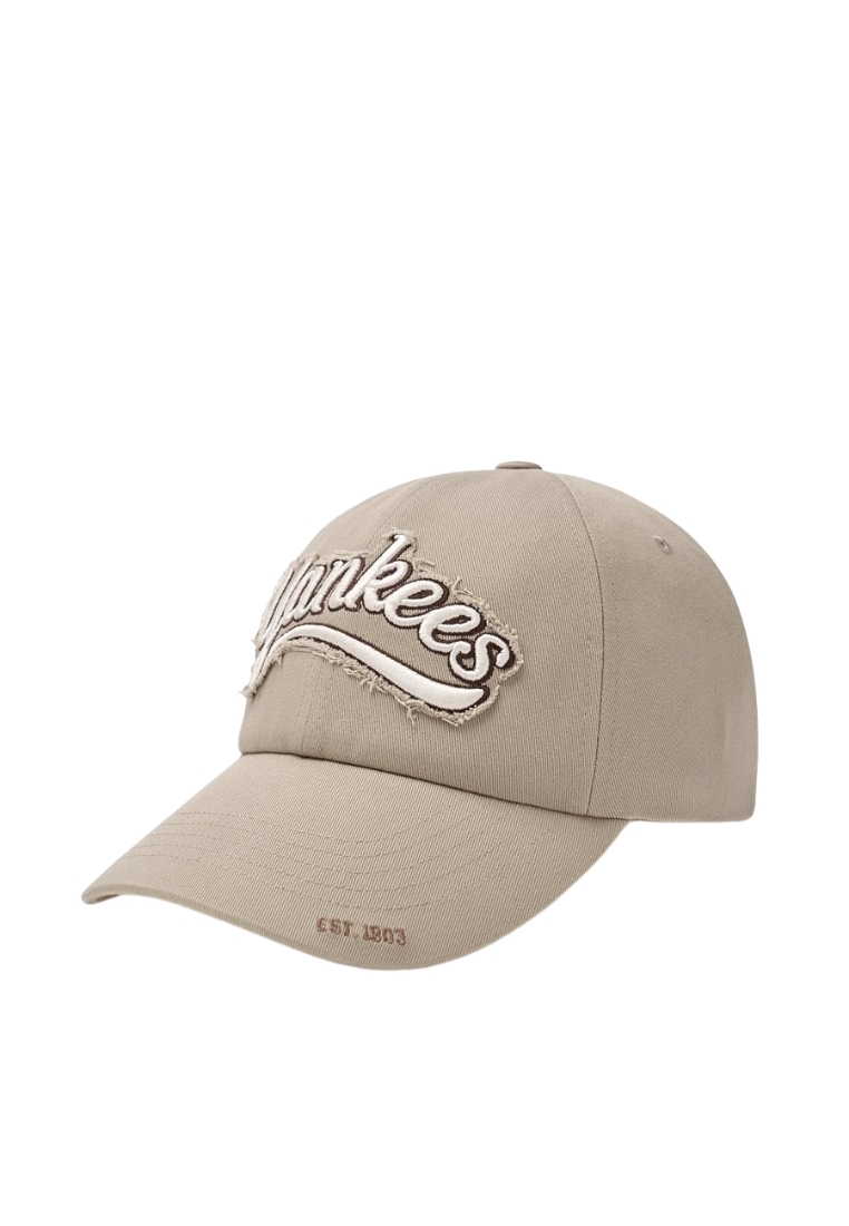 MLB Korea Varsity Vintage Cursive Damage Unstructured Ball Cap - NY Beige